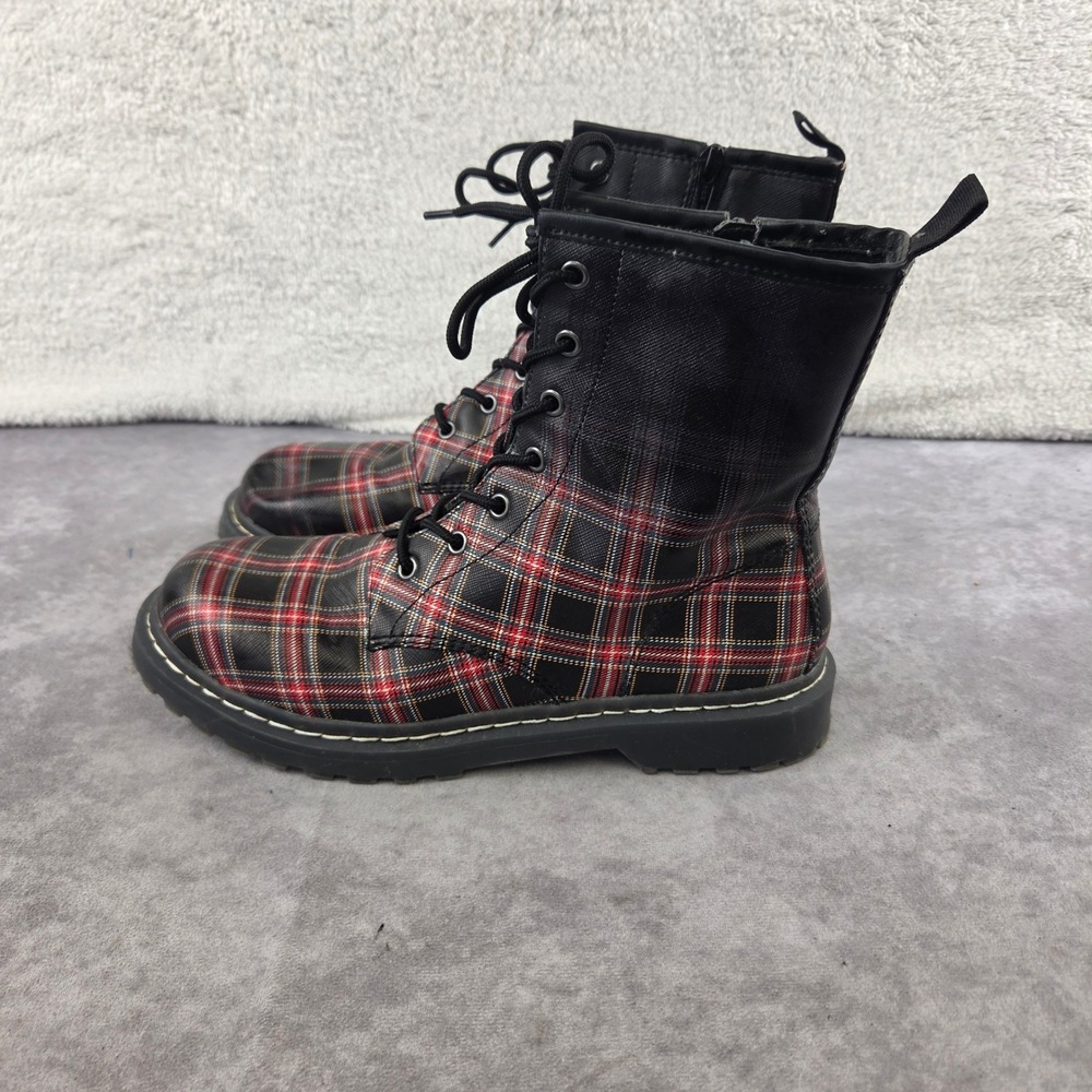 Womens Red Black Plaid Combat Boots Lace Up Side Zip Lug Sole Mid Calf Tartan